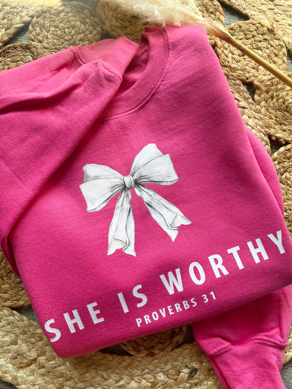 She Is Worthy Hot Pink Sweatshirt