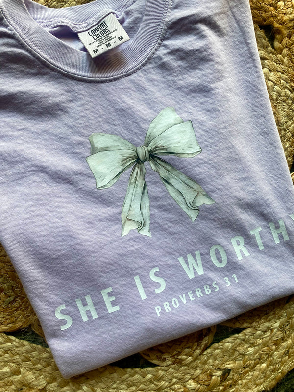 SHE IS WORTHY LILAC TSHIRT