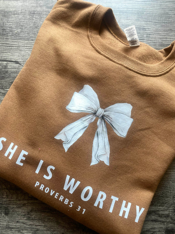 She Is Worthy Toffee Sweatshirt